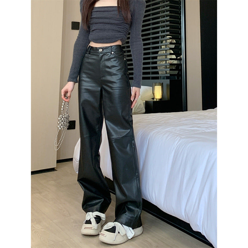 Hong Kong Style High Waist Slimming Sense Of Design Leather Trousers