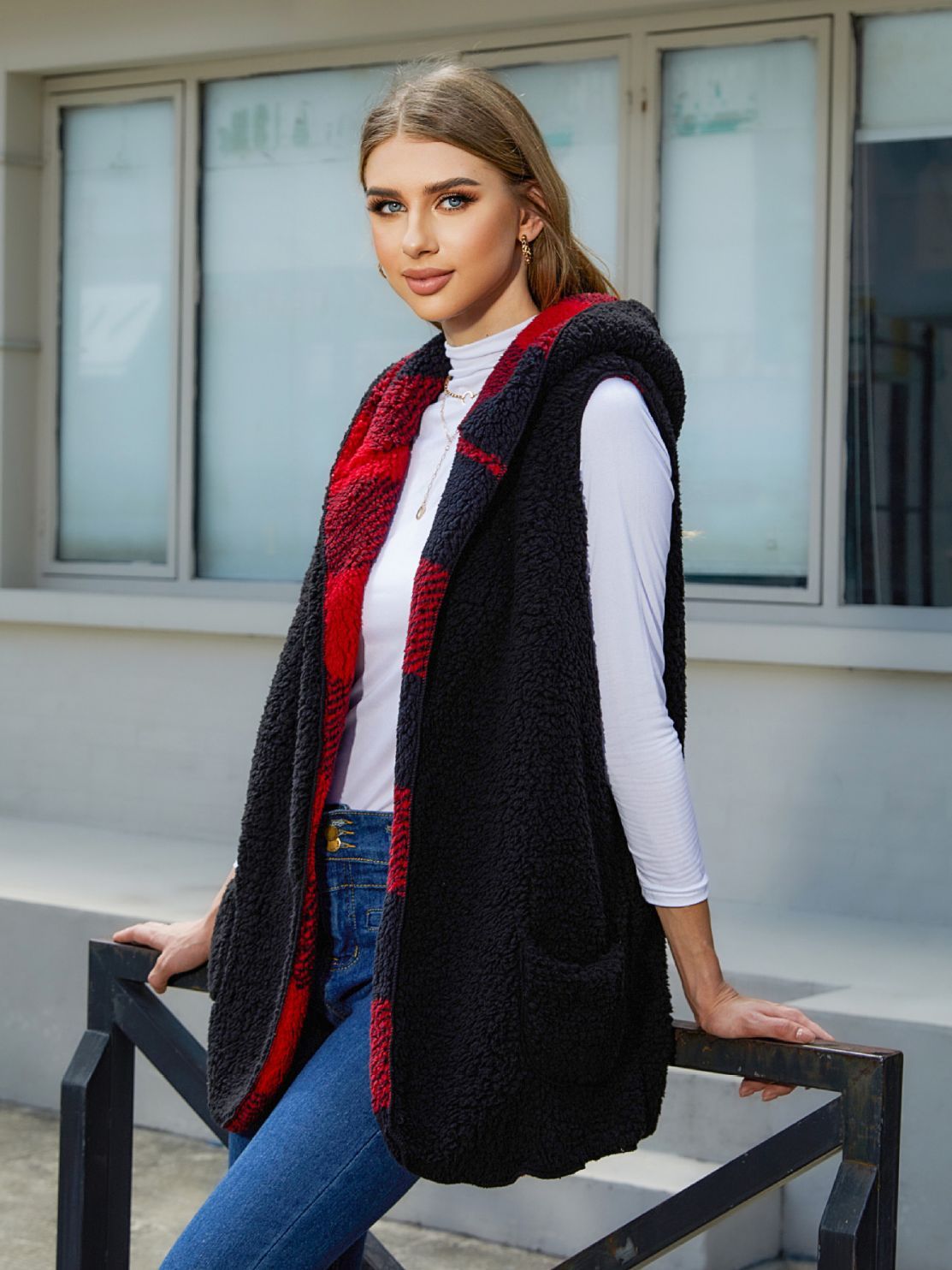 Cardigan Plaid Plush Vest Coat For Women